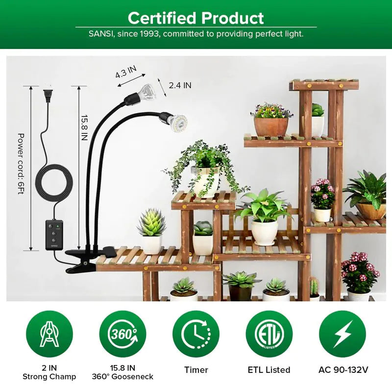 Sansi Three Head Clip-on Grow Light mit Timer, 3 x 10 W
